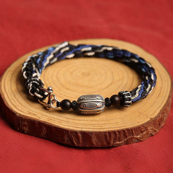 Pulsera de hilo trenzado con nudo de reencarnación de riqueza de peces Koi de plata de ley 925 con Buddha Stones