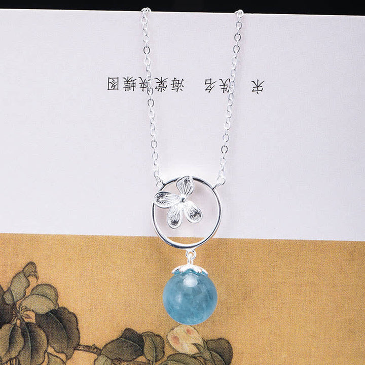 Collar con pendientes de plata de ley 925 con Buddha Stones , aguamarina natural, hoja, flor, paz