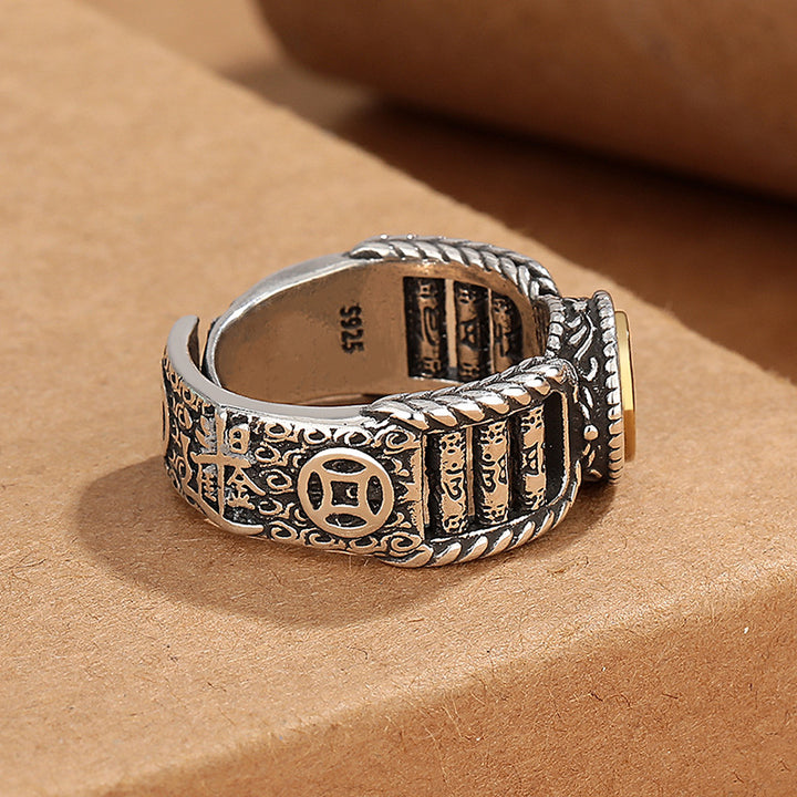 Anillo giratorio de pureza de moneda de cobre con diseño tallado de Om Mani Padme Hum tibetano de Buddha Stones