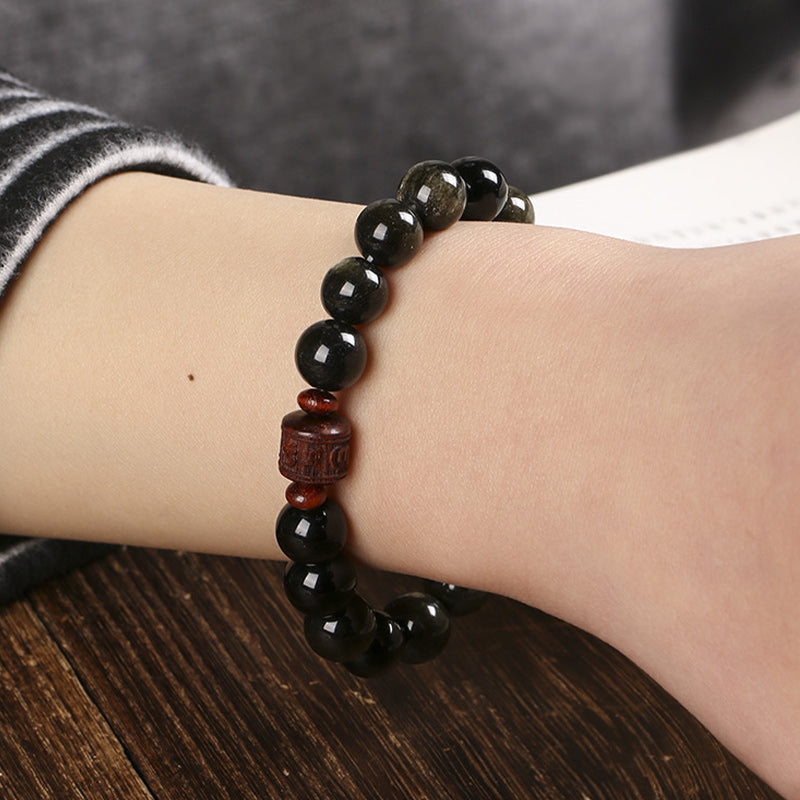 Pulsera curativa con carácter de obsidiana arcoíris de obsidiana con brillo de oro natural con Buddha Stones Om Mani Padme Hum Fu