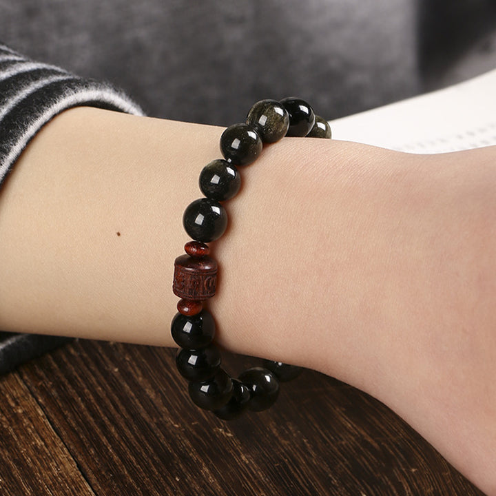 Pulsera curativa con carácter de obsidiana arcoíris de obsidiana con brillo de oro natural con Buddha Stones Om Mani Padme Hum Fu