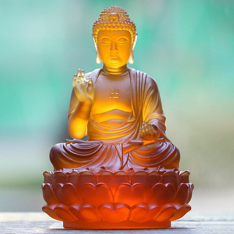 Buddha Stones hechas a mano Sakyamuni Buda Liuli, pieza de arte con cristal, estatua de compasión, decoración para el hogar y la Oficina