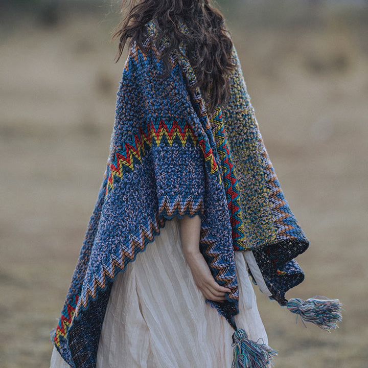 Mantón tibetano de Buddha Stones, capa de punto suave y cálida, bufanda tibetana con borlas de invierno
