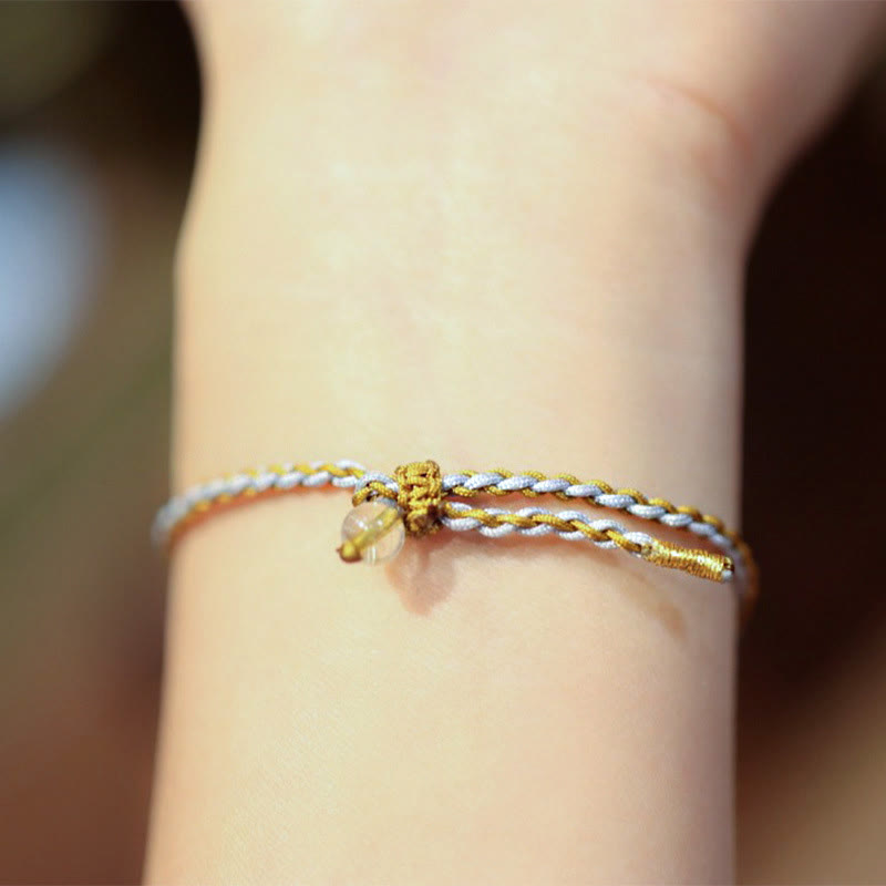 Pulsera trenzada de la suerte con carácter Fu de Cuarzo rutilado con calabaza de jade natural de plata de ley 925