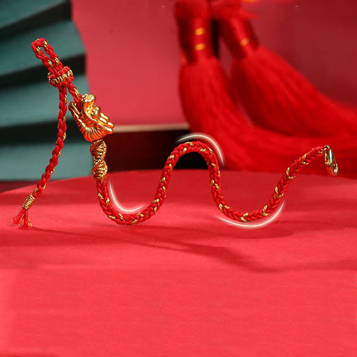 Pulsera trenzada de hilo rojo con nudo de ocho hilos de la suerte del dragón hecha a mano de plata de ley 999 con Buddha Stones
