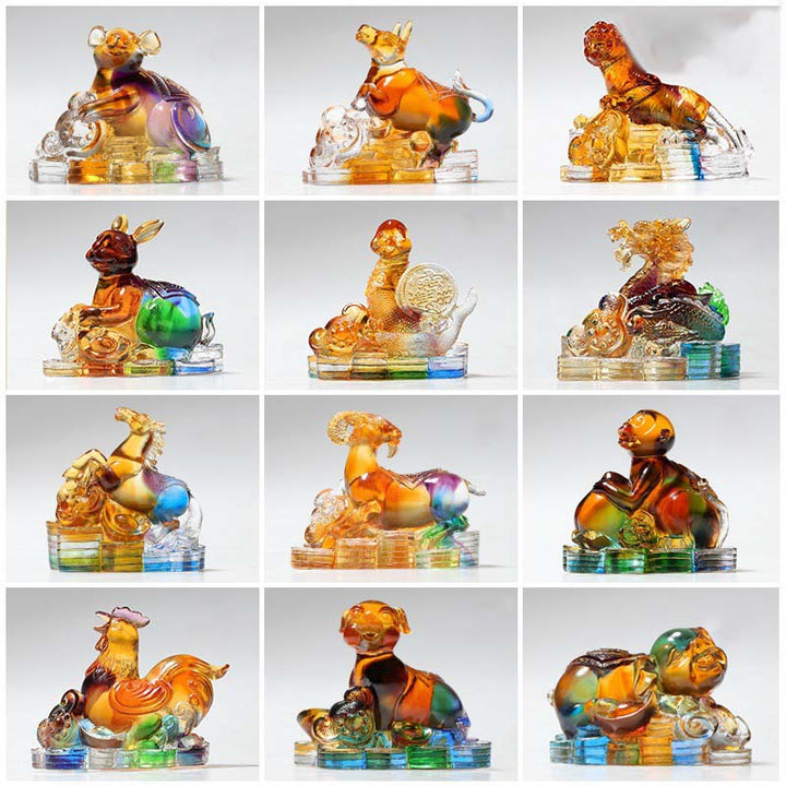 Buddha Stones Año del Dragón hechas a mano 12 Zodíaco chino Liuli pieza de arte con cristal protección decoración de la Oficina del hogar