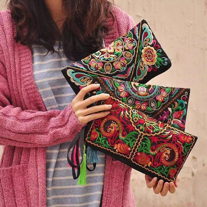 Cartera de compras con bordado de flores de Buddha Stones, dragón, mariposa, cosmos