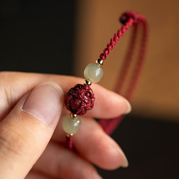 Pulsera de cuerda de la suerte con carácter de Jade Hetian del zodíaco chino cinabrio Natural de Buddha Stones