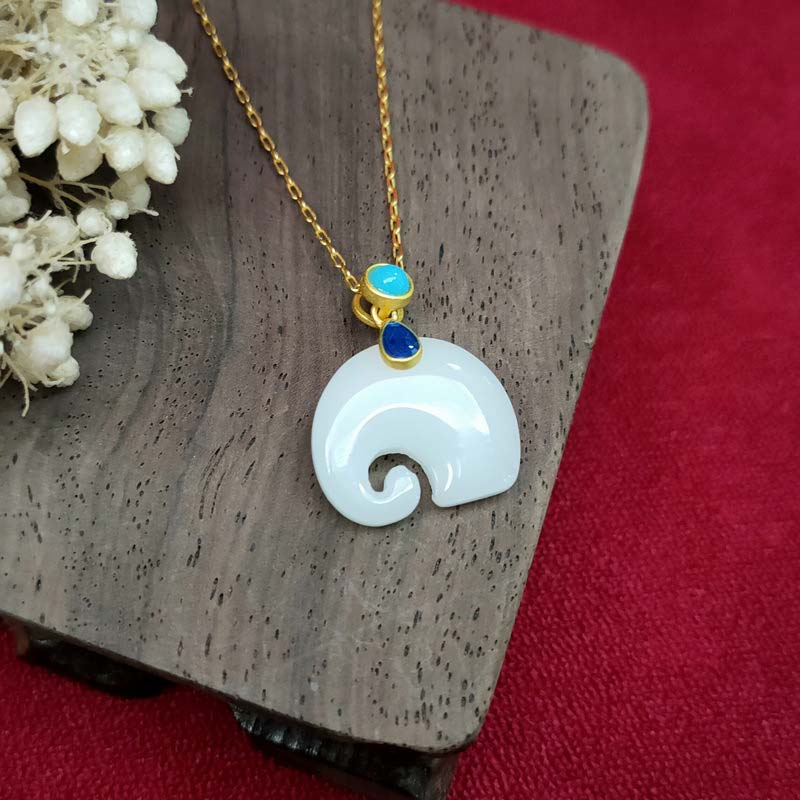 Buddha Stones Jade blanco Elefante Suerte Collar Colgante