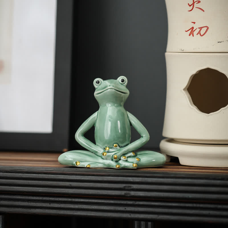 Decoración de estatua de rana Zen de cerámica meditando