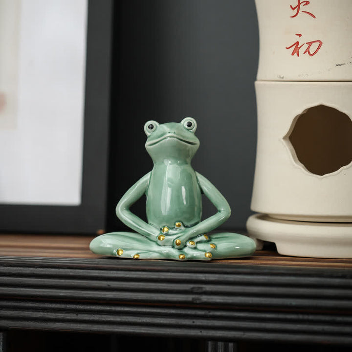 Decoración de estatua de rana Zen de cerámica meditando