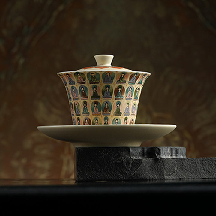 Buddha Stones Dunhuang Color mil Budas volando Apsaras patrón Gaiwan taza de té Kung Fu con tapa