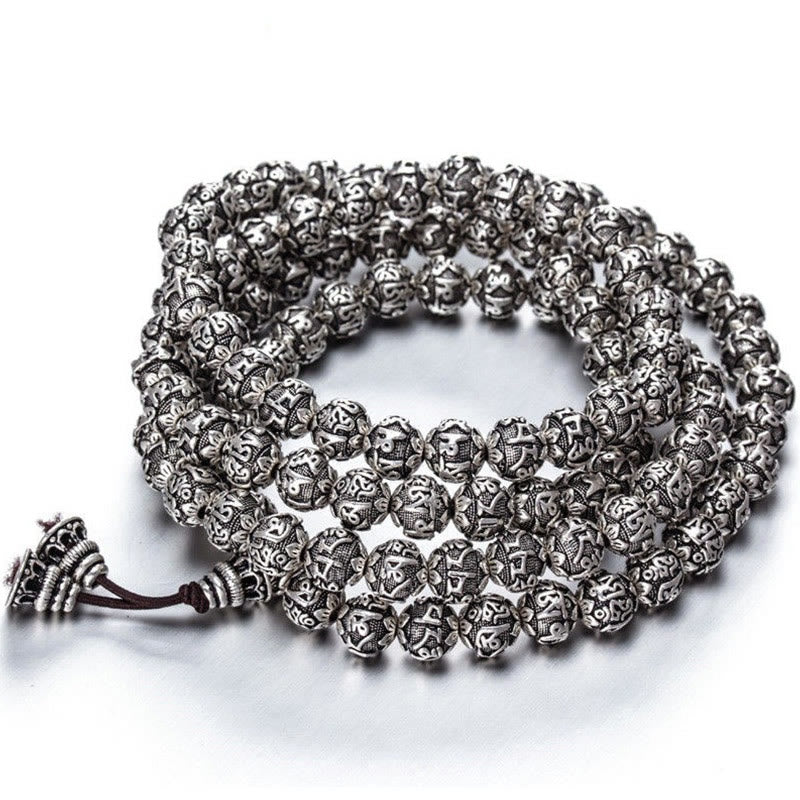 Pulsera de amuleto de cuentas de aleación talladas Om Mani Padme Hum tibetano con Buddha Stones