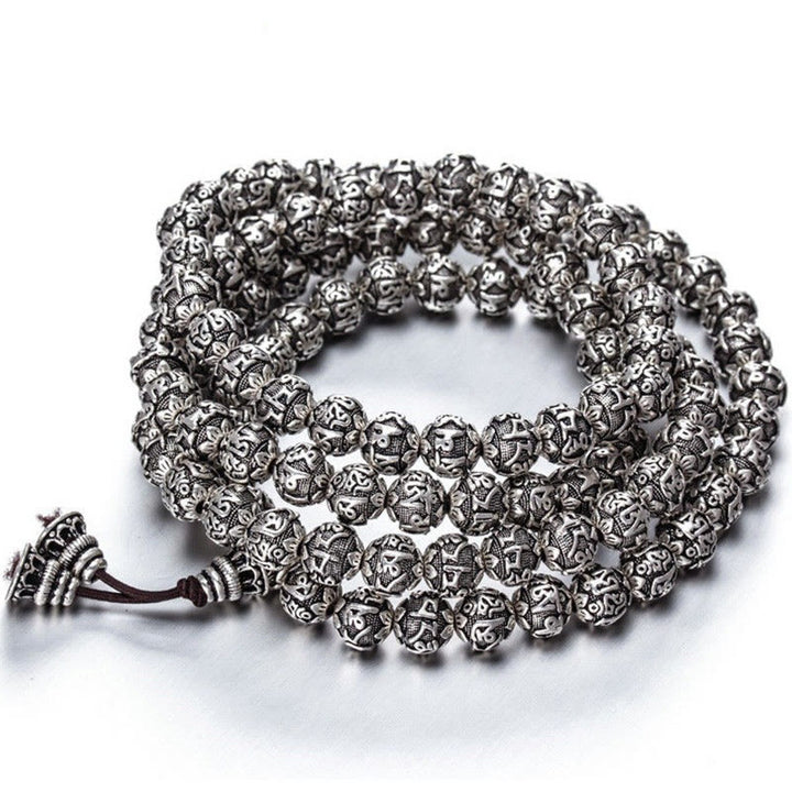 Pulsera de amuleto de cuentas de aleación talladas Om Mani Padme Hum tibetano con Buddha Stones