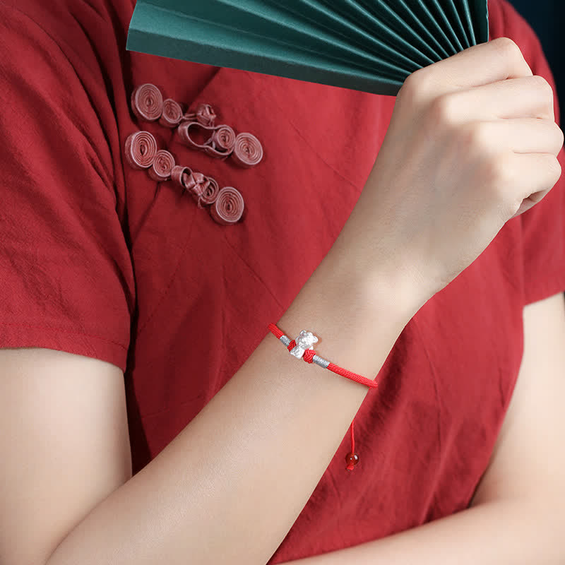 Pulsera de hilo rojo de la fuerza de la suerte del zodíaco chino de plata de ley 999 con Buddha Stones