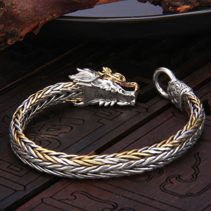 Pulsera de diseño trenzado de metal con protección de dragón auspicioso del año del dragón de plata de ley 925 con Buddha Stones