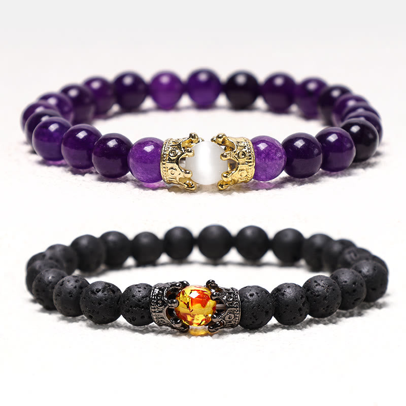 Buddha Stones Piedra Natural Rey y Reina Corona Curativa Cuentas de Energía Pulsera de Pareja