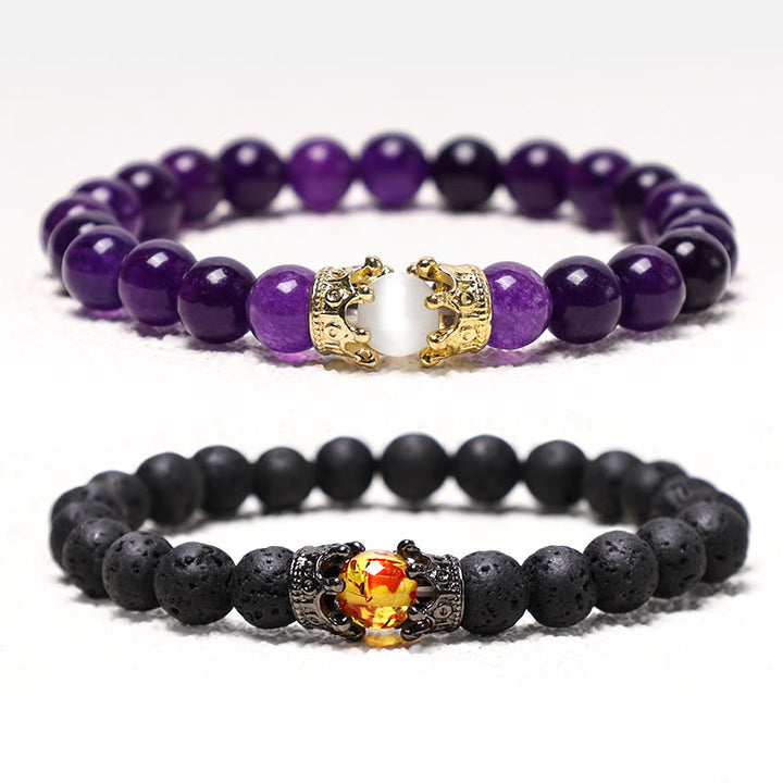 Buddha Stones Piedra Natural Rey y Reina Corona Curativa Cuentas de Energía Pulsera de Pareja