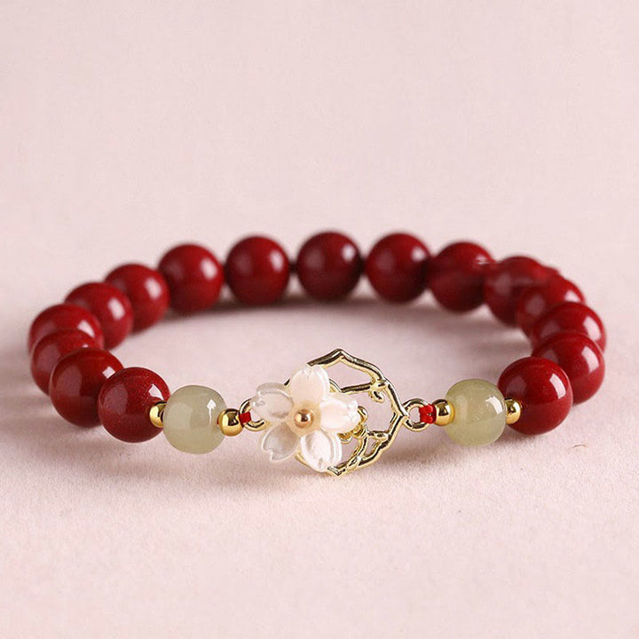 Pulsera de bendición de flores de piedra Tridacna con cuentas de jade cinabrio Natural de Buddha Stones