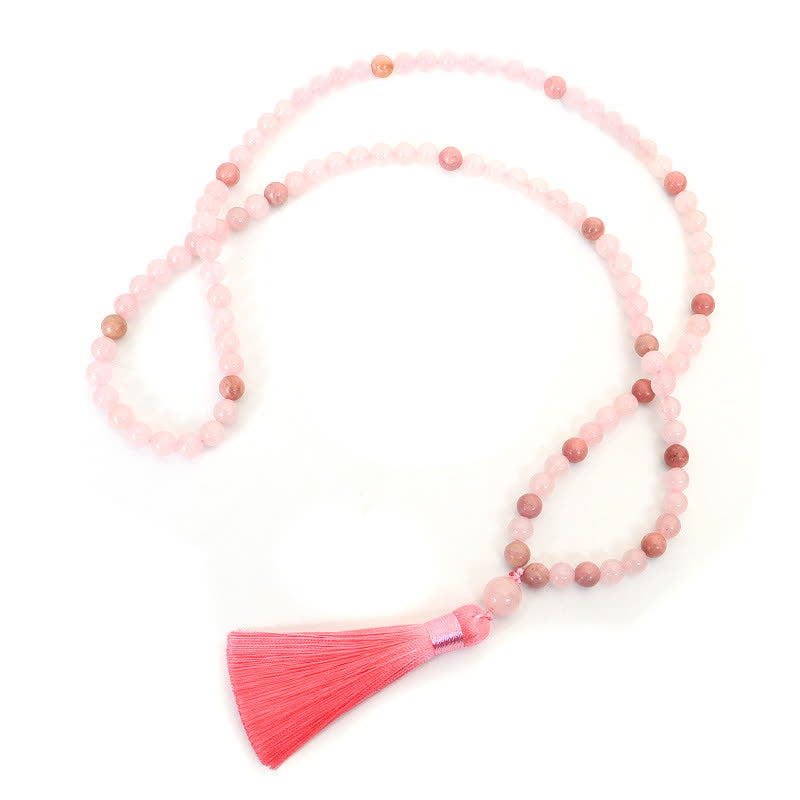 Pulsera con borlas de amor de cristal rosa de 108 cuentas Mala
