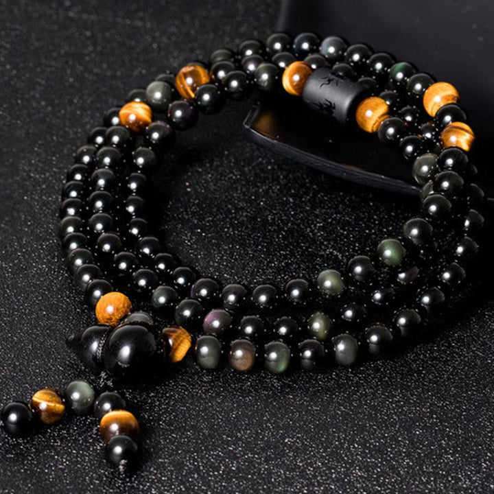Pulsera de bendición de calabaza de obsidiana arcoíris de obsidiana negra natural con Buddha Stones Mala