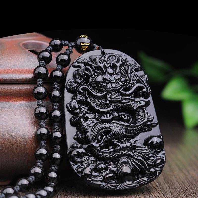 Collar con colgante de cumplimiento de dragón de piedra de obsidiana negra de Buddha Stones - image 7