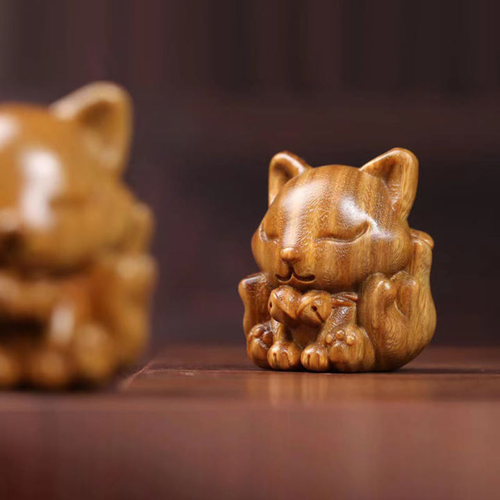 Miniatura de zorro de nueve colas, Buddha Stones, marfil, fruta, sándalo, sándalo verde, decoración bendita
