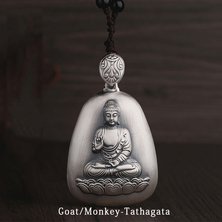 Collar con colgante de plata de ley 999 con Buddha Stones del zodíaco chino, corazón de Buda natal, Sutra grabado