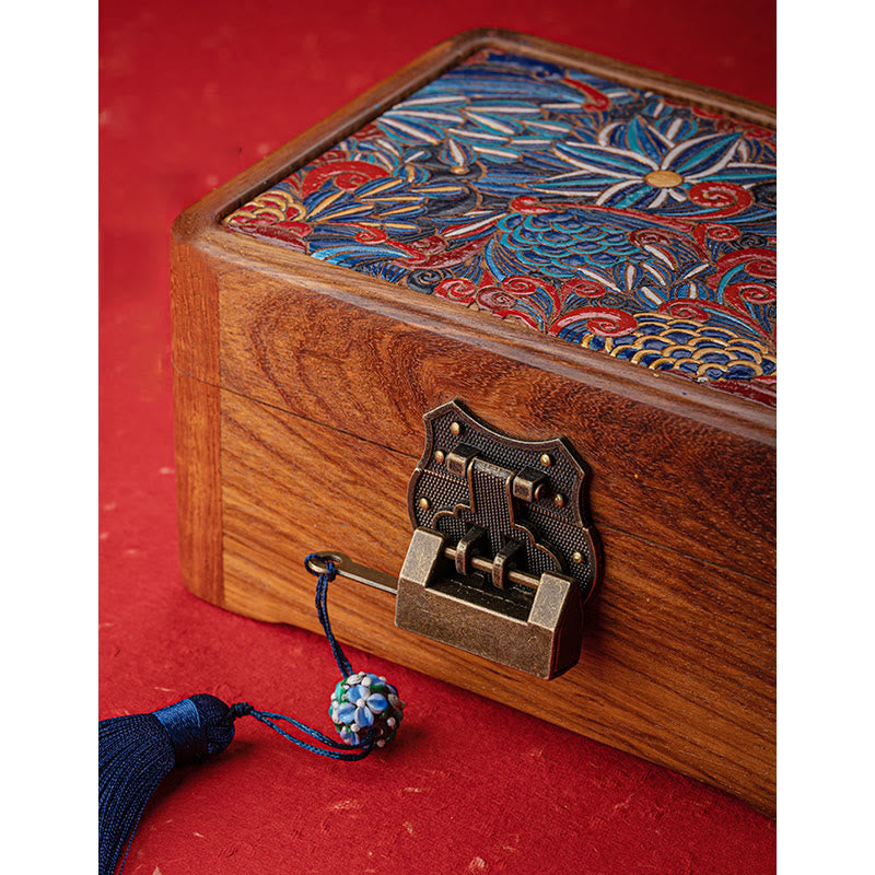 Caja de almacenamiento de joyería de palisandro con estampado floral hecha a mano retro, caja organizadora de regalo de madera con cerradura