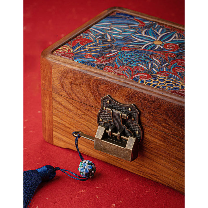 Caja de almacenamiento de joyería de palisandro con estampado floral hecha a mano retro, caja organizadora de regalo de madera con cerradura