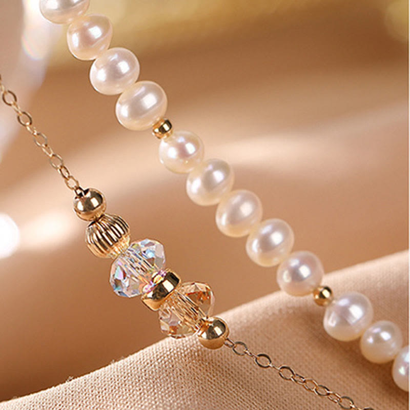 Pulsera de doble capa curativa con cristales de perlas naturales chapada en oro de 14 quilates de plata de ley 925 con Buddha Stones