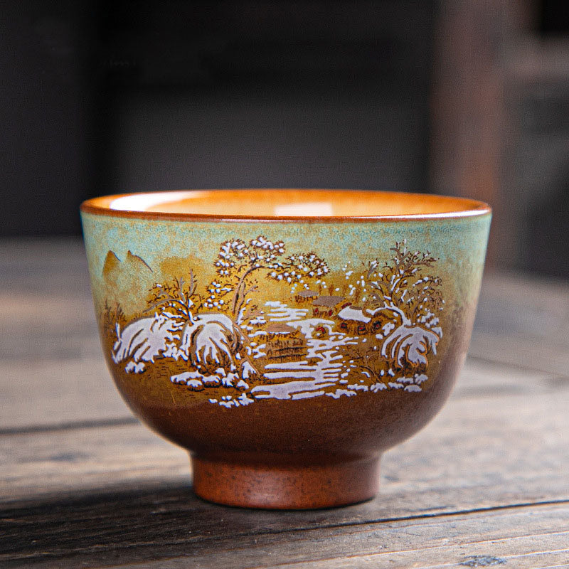 Buddha Stones, ciervo colorido, Pipa, nieve, flores de ciruelo, montañas, ríos, pájaro, taza de té de cerámica, tazón de té de Kung Fu