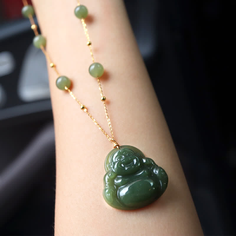 Colgante de cadena de cuentas con collar de la suerte de jade hetiano de Buda sonriente - image 3