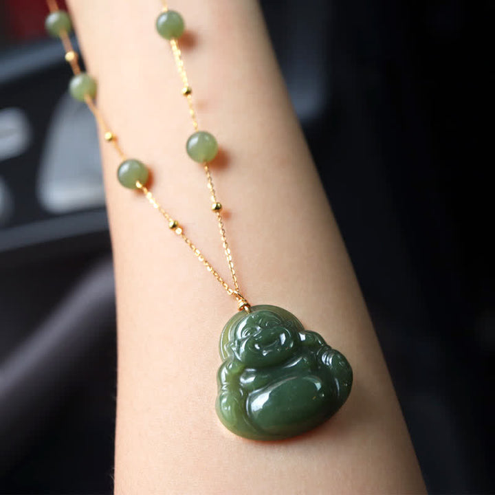 Colgante de cadena de cuentas con collar de la suerte de jade hetiano de Buda sonriente - image 3