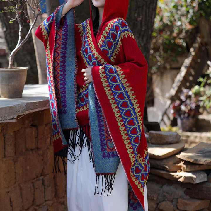 Mantón tibetano de Buddha Stones , capa con capucha y borla de corazón de amor rojo, bufanda de viaje acogedora para invierno