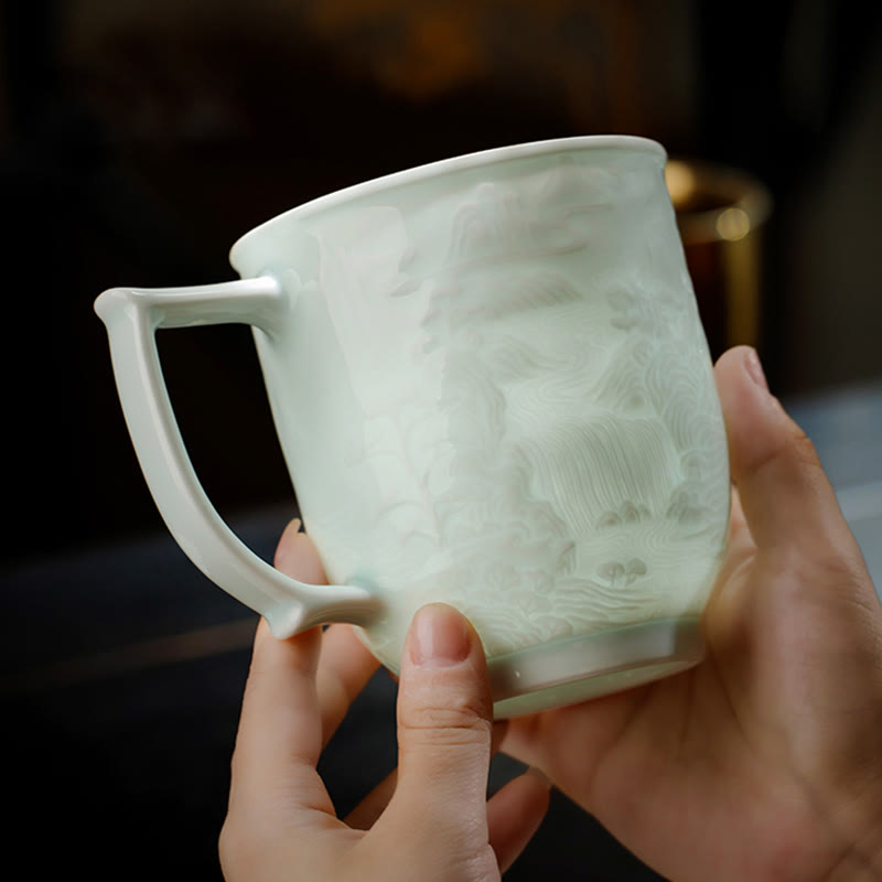 Buddha Stones Jingdezhen, porcelana blanca hecha a mano, gran pared, paisaje, taza de té de cerámica grabada, taza de oficina, tazas de té