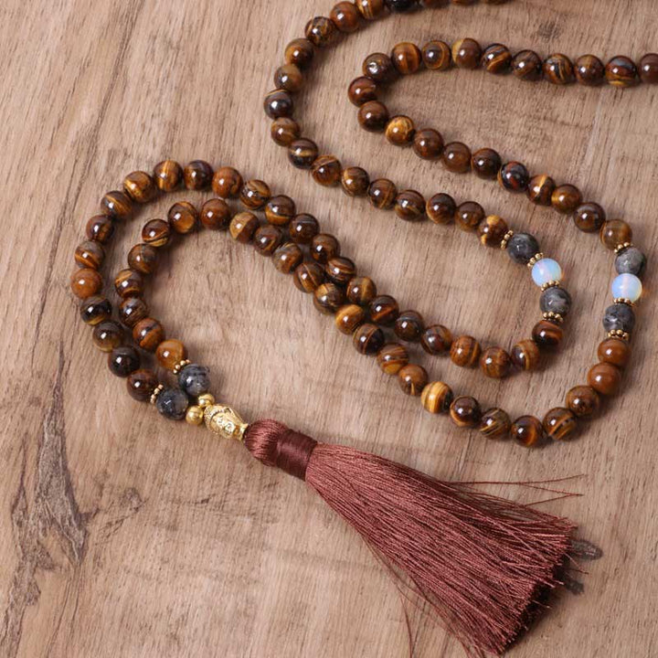 Collar con colgante de borla con cuentas de poder de fuerza de Buda de ojo de tigre tibetano con Buddha Stones