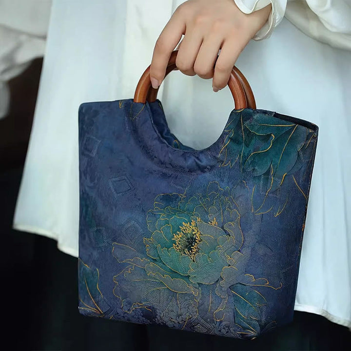 Bolso de mano con mango de madera maciza, Buddha Stones , flor de peonía, hojas de bambú, pájaro