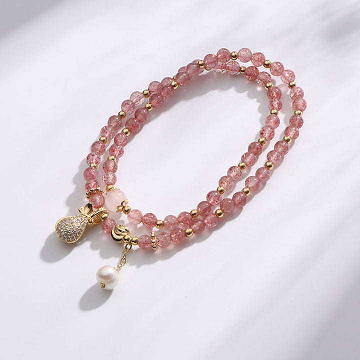 Pulsera de doble envoltura con dije positivo para bolsa de dinero de cuarzo fresa con Buddha Stones