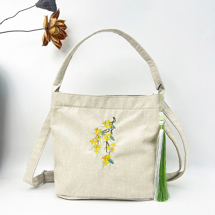 Buddha Stones, glicina, ciruela, loto, flor de cerezo, algodón, lino, lona, bolso cruzado, bolso de hombro