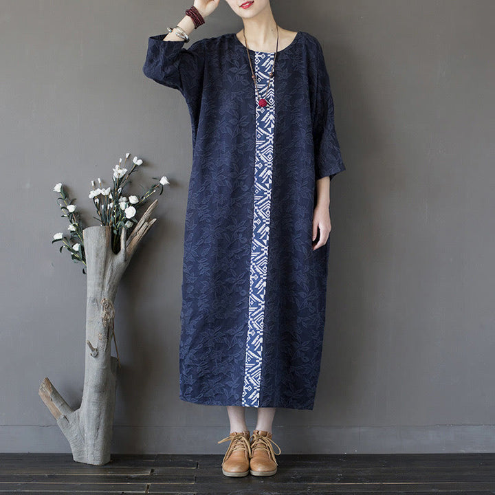 Vestido midi de jacquard con bordado de flores azules y Buddha Stones Vestido de algodón con manga tres cuartos y bolsillos