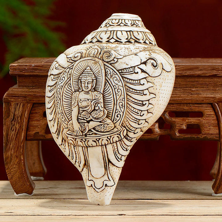 Concha tibetana hecha a mano grabada Shankha Buddha Avalokitesvara, decoración de riqueza