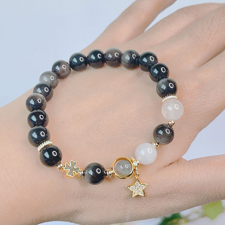 Pulsera de protección de flor de estrella de corazón de amor de obsidiana con brillo de plata natural de Buddha Stones