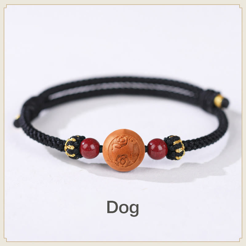 Pulsera de riqueza de cinabrio tallada con carácter del zodíaco chino, madera de melocotón Natural, Buddha Stones