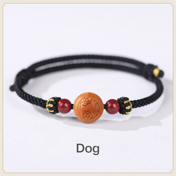 Pulsera de riqueza de cinabrio tallada con carácter del zodíaco chino, madera de melocotón Natural, Buddha Stones