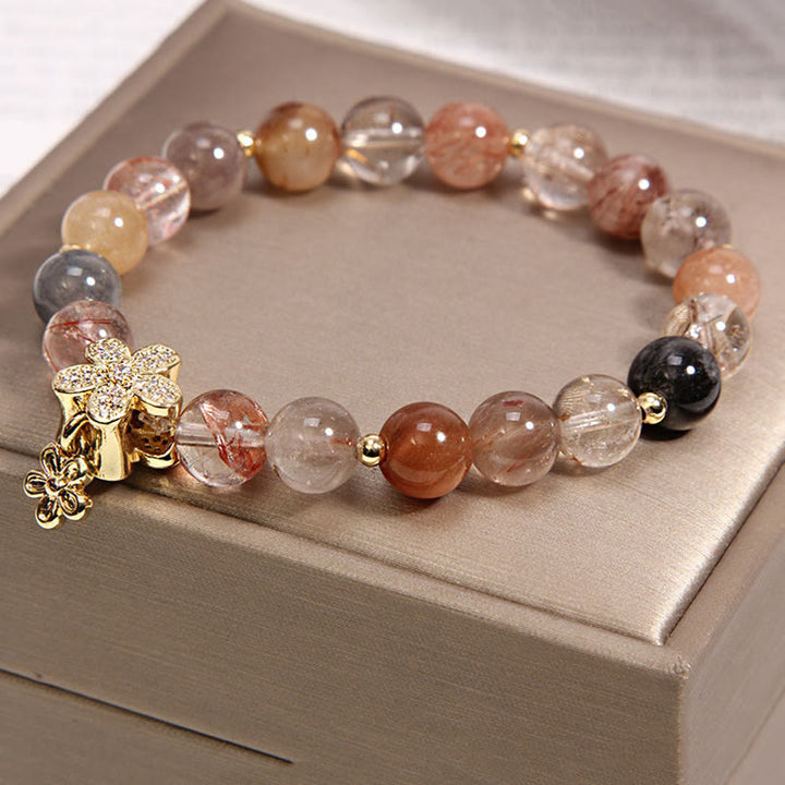 Pulsera de flores de protección de la riqueza de citrino de cuarzo rutilado multicolor