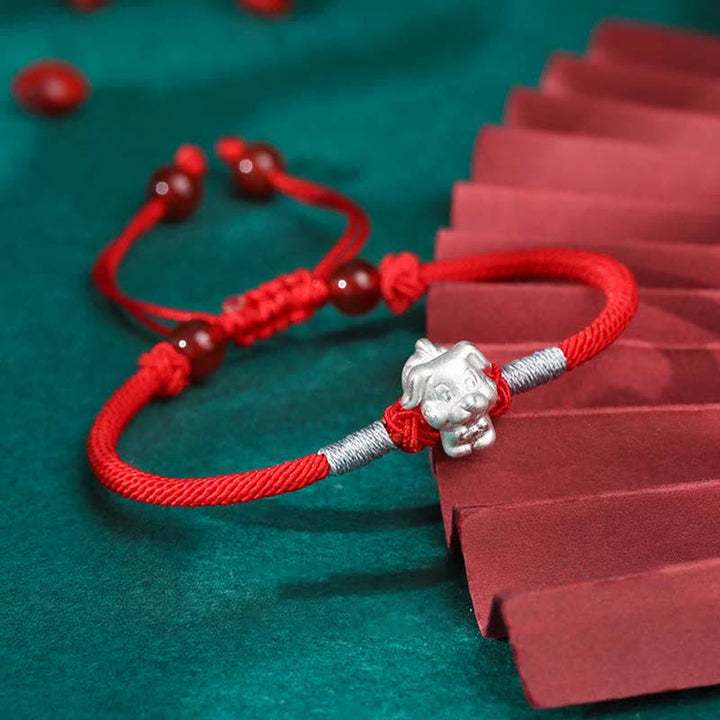 Pulsera de hilo rojo de la fuerza de la suerte del zodíaco chino de plata de ley 999 con Buddha Stones