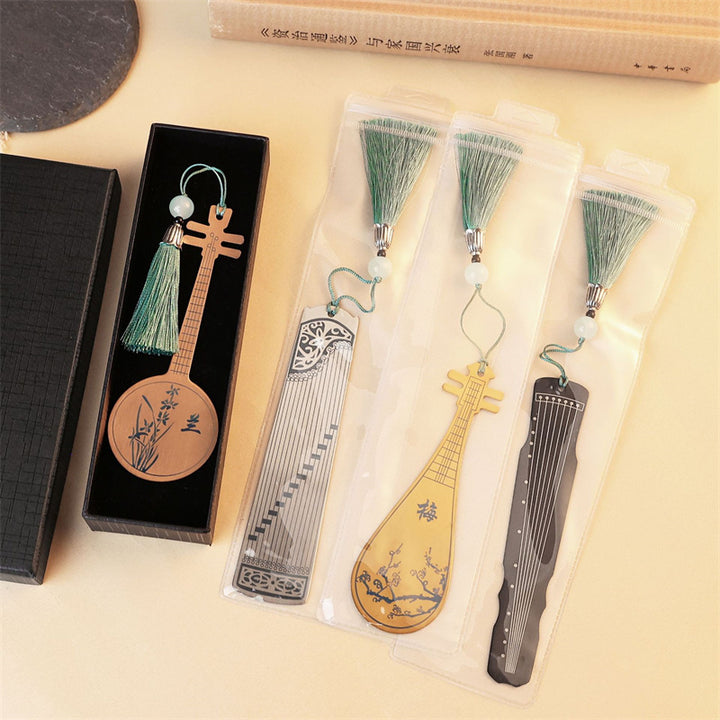 Buddha Stones instrumentos musicales clásicos Pipa Guzheng Guqin Ruan marcapáginas de Metal borla con caja de regalo