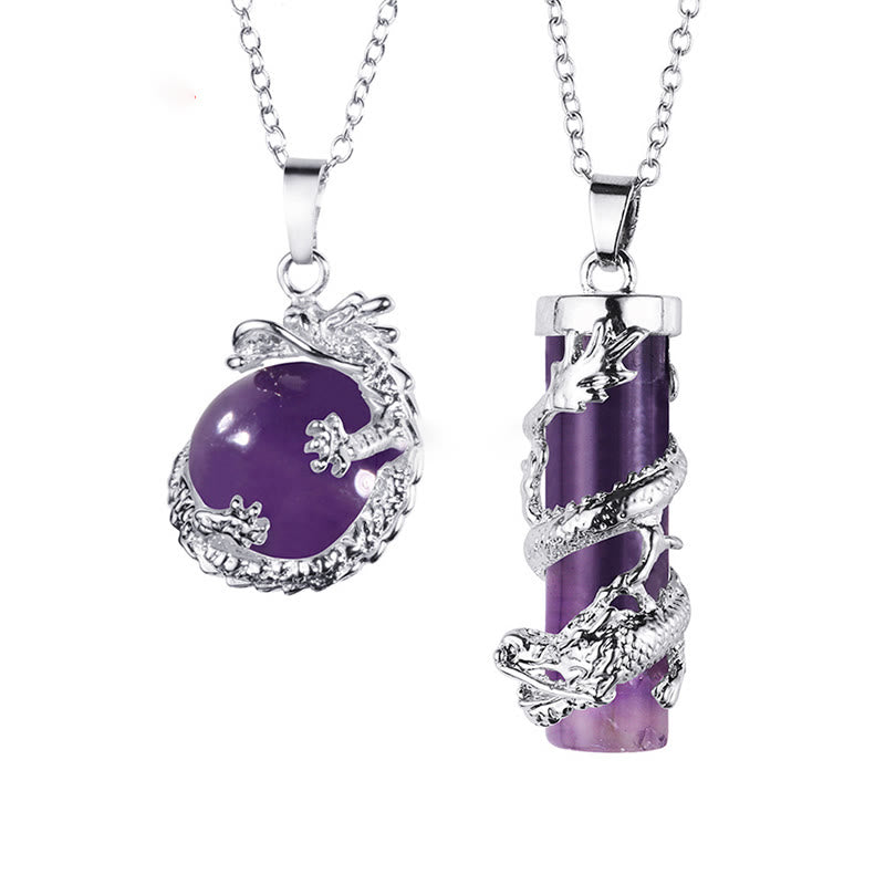 Buddha Stones 2 piezas dragón envuelto bola redonda piedra preciosa pareja collar colgante