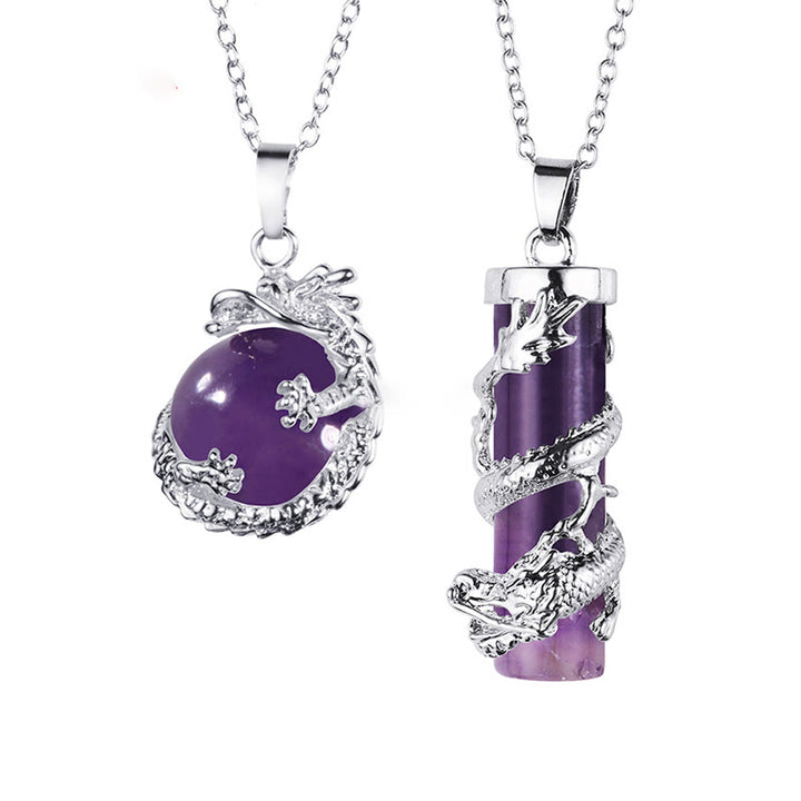 Buddha Stones 2 piezas dragón envuelto bola redonda piedra preciosa pareja collar colgante